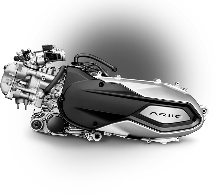The 369cc J400 engine and CVT casing with ARIIC branding