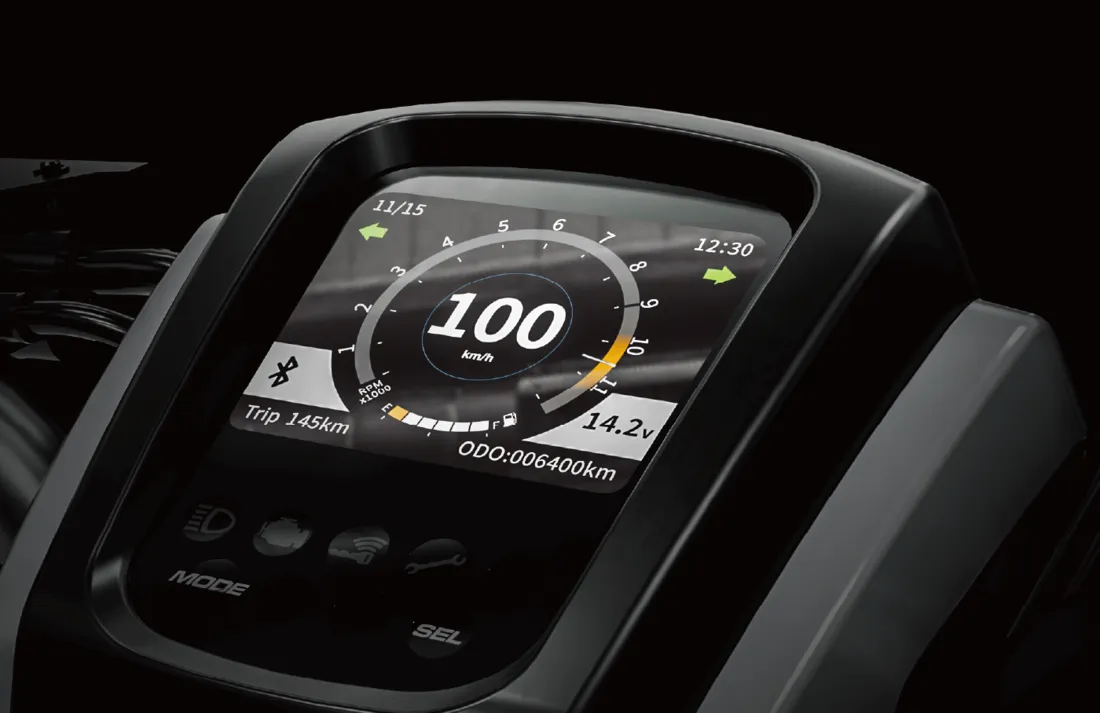 Gemma full-fit TFT display showing speed, trip and time