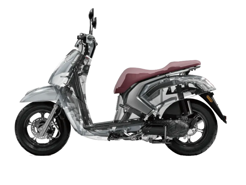 Gemma with see-through bodywork showing the steel frame, engine and suspension