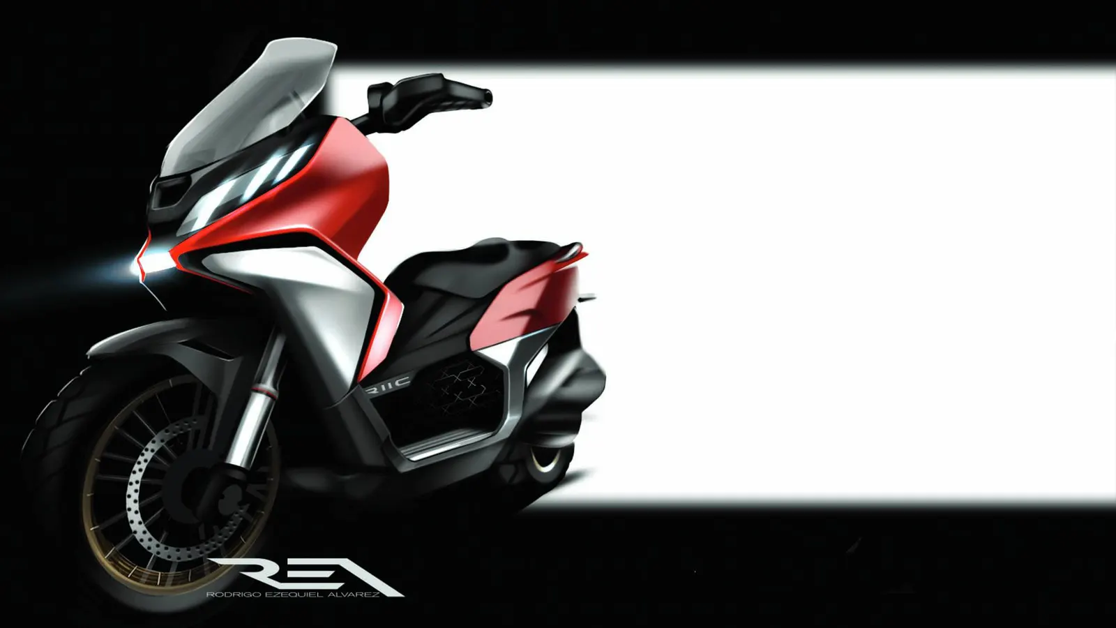 A design sketch of a red and white ARIIC scooter